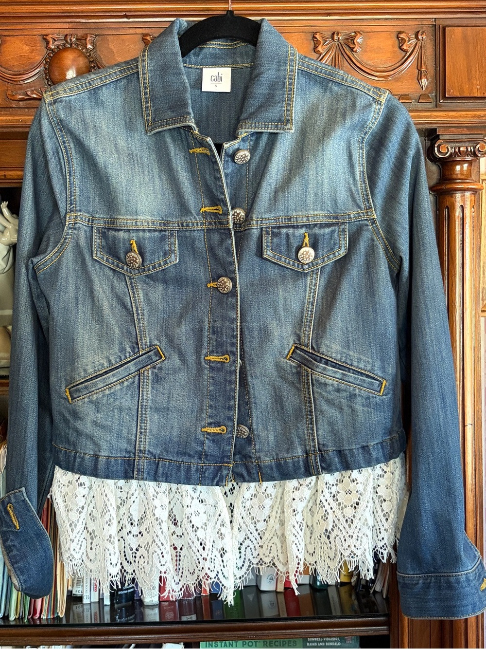 CAbi Blue Denim Jacket with White Lace Hem